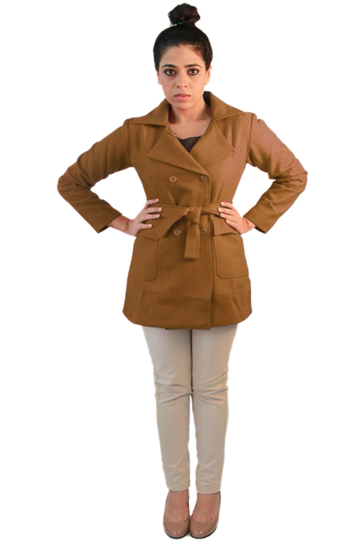 Brown Woollen Cropped Trench Coat | Women